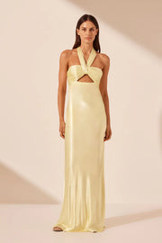 La Lune Ruched Halter Maxi - Lemon