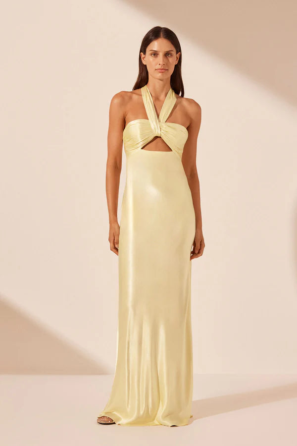 La Lune Ruched Halter Maxi - Lemon