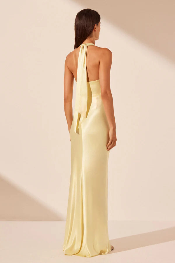 La Lune Ruched Halter Maxi - Lemon
