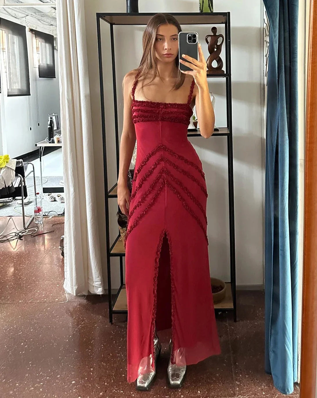 Arabella Ruffled Dress - Burgundy