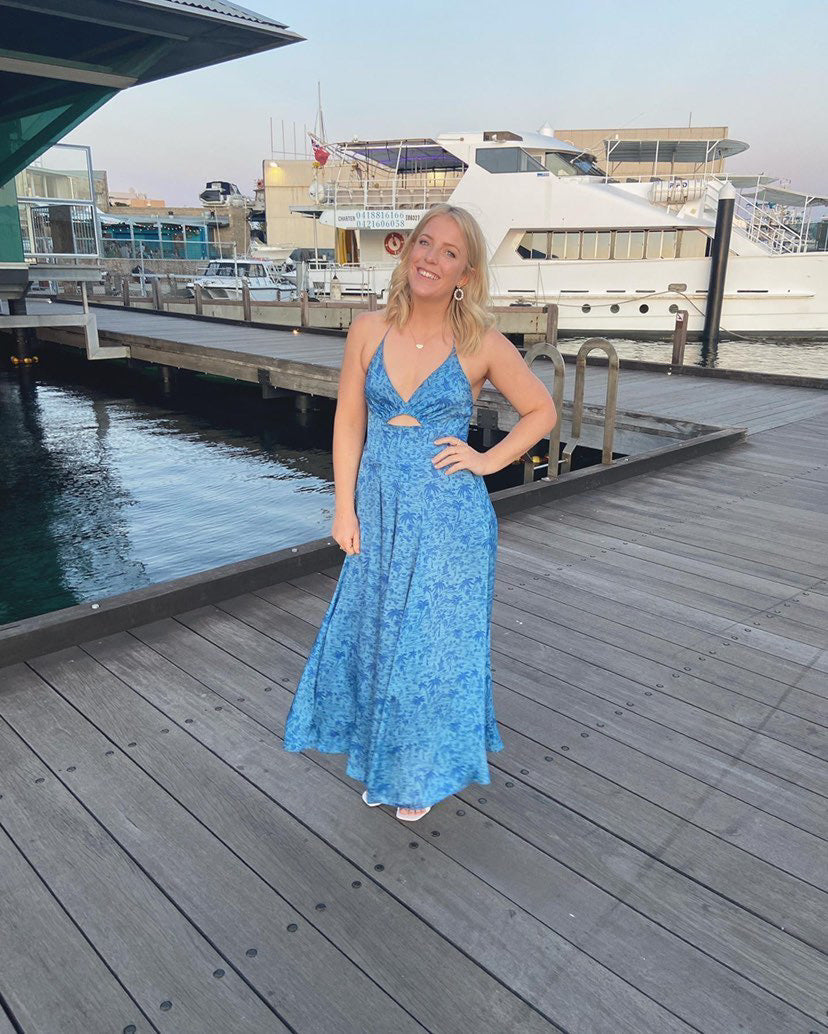 Silk Tropical Strappy Dress - Azure