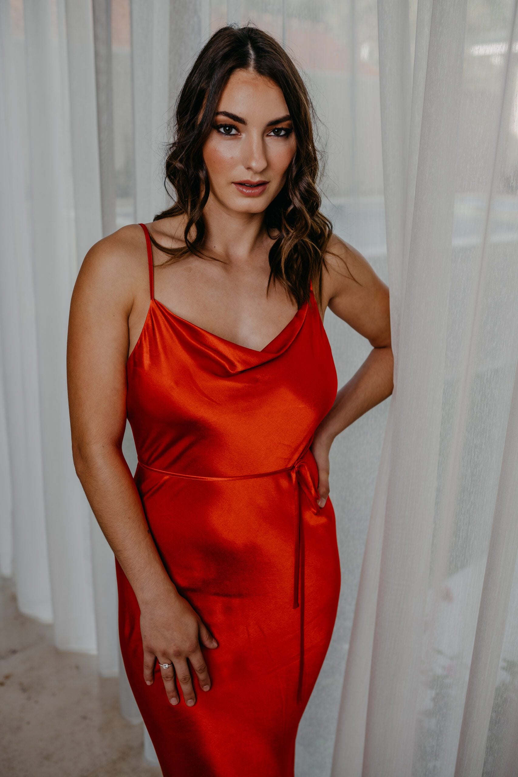 La Lune Bias Cowl Midi Dress - Red