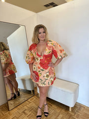 Gathered Neckline Mini Dress - Raspberry Punch Floral