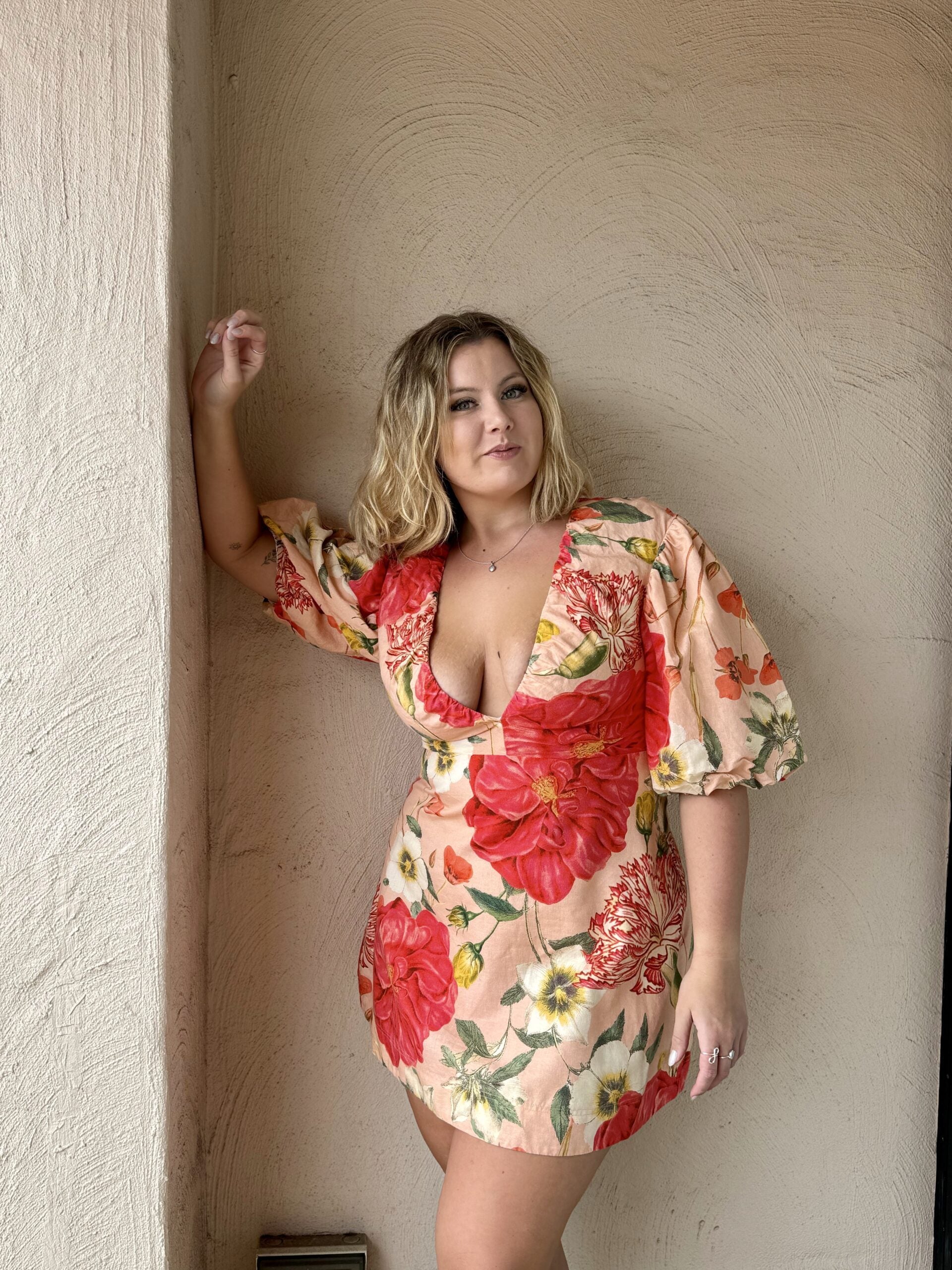 Gathered Neckline Mini Dress - Raspberry Punch Floral
