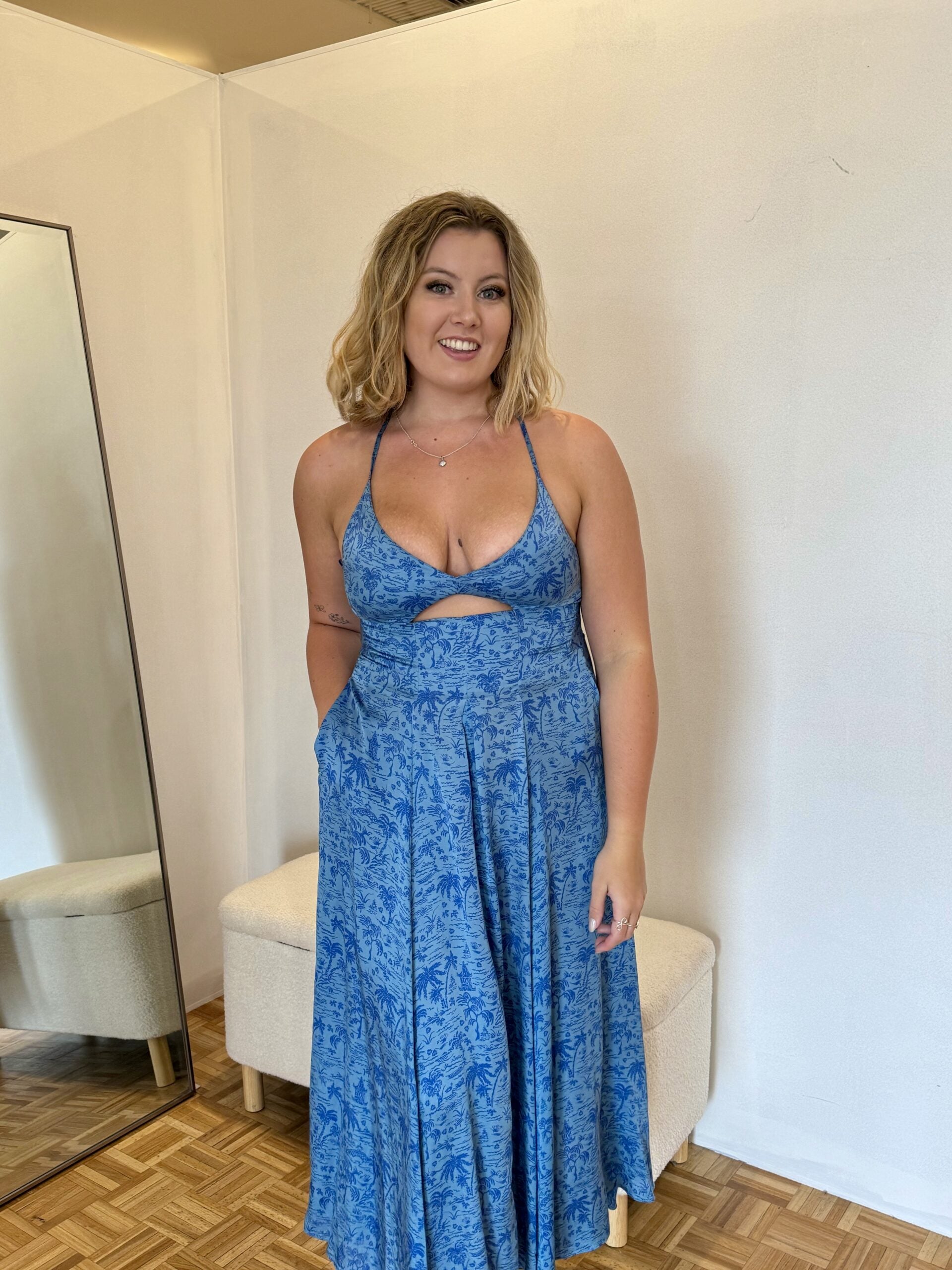 Silk Tropical Strappy Dress - Azure