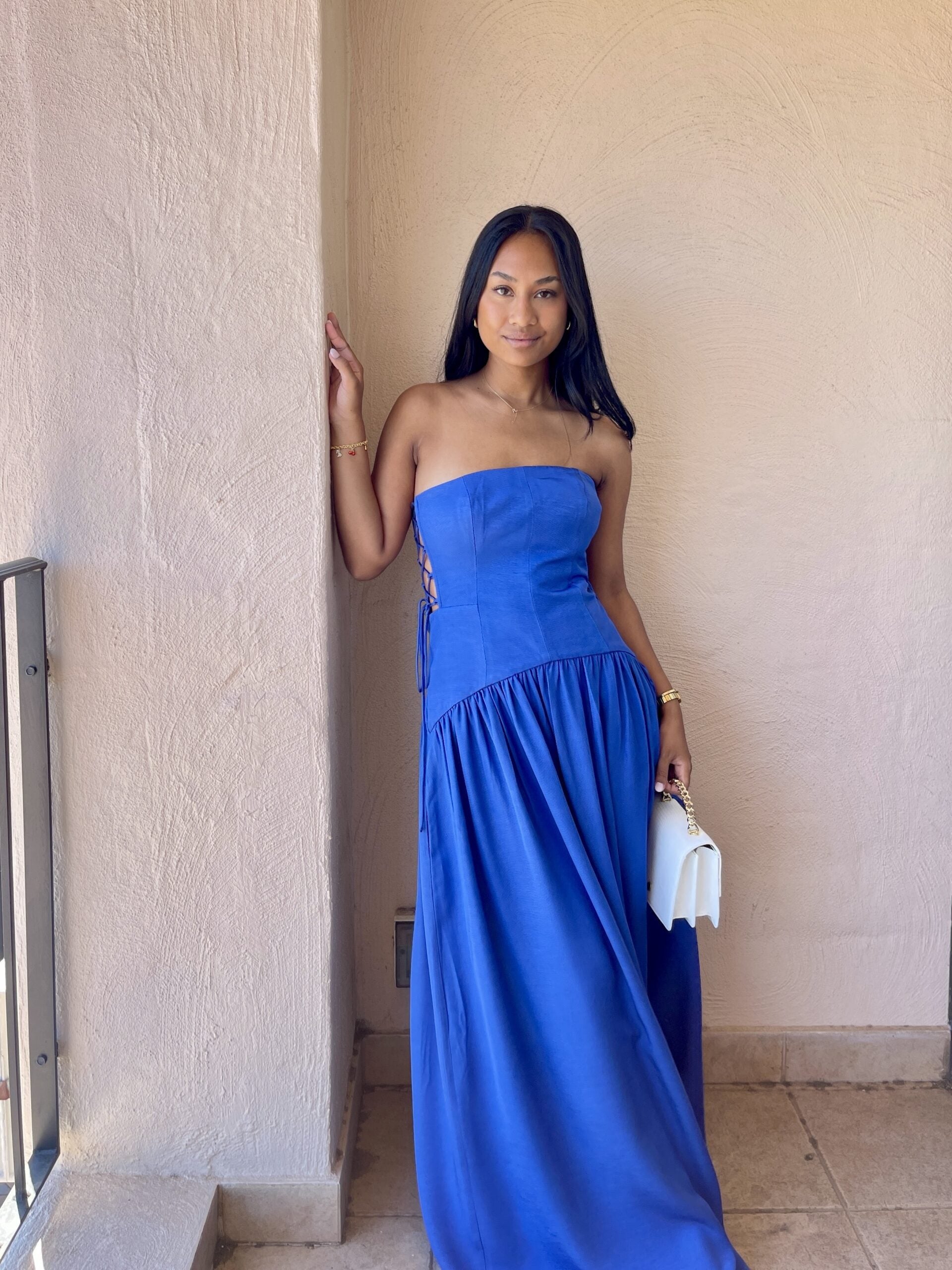 Vento Lace Up Strapless Maxi Dress - Cobalt Blue