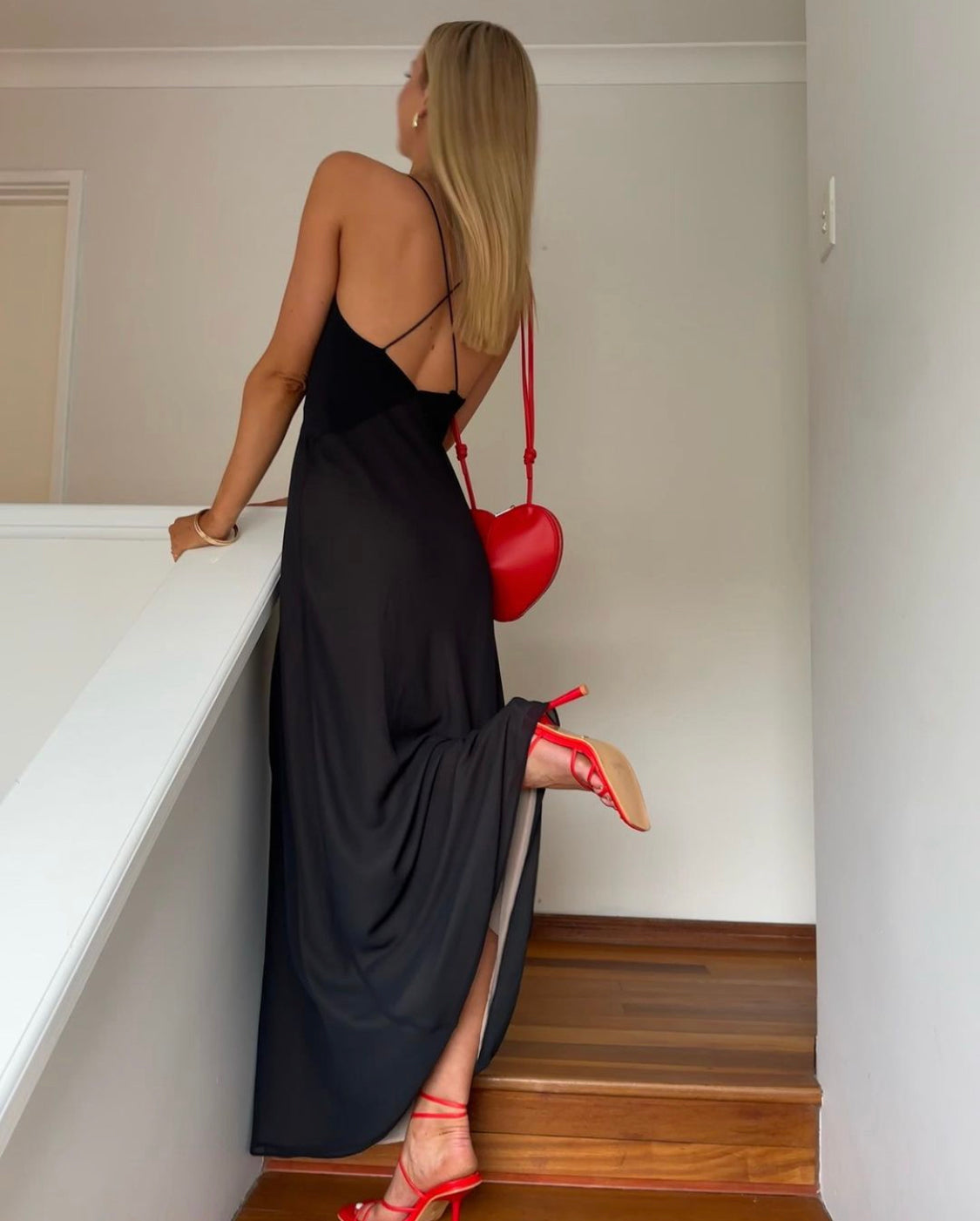 Sheer Deep V Long Slip Dress - Black