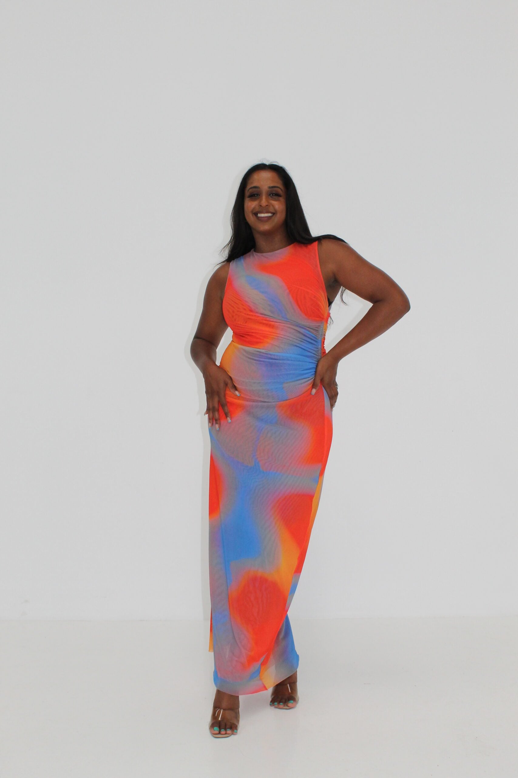 Italian Watercolour Print Dress - Blue/Red