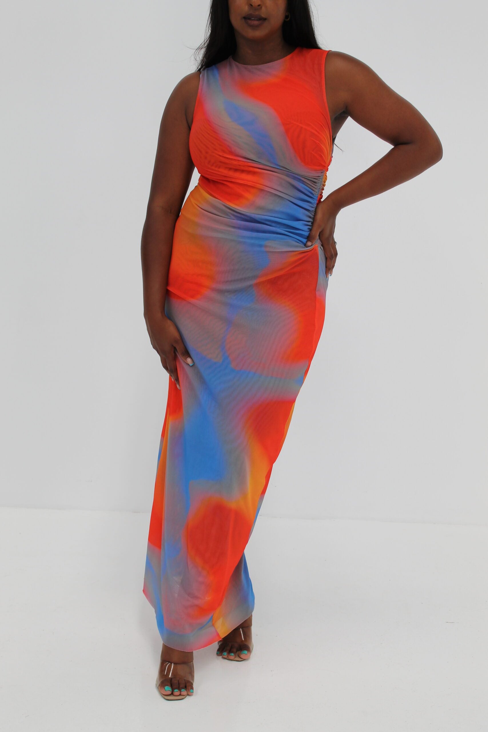 Italian Watercolour Print Dress - Blue/Red