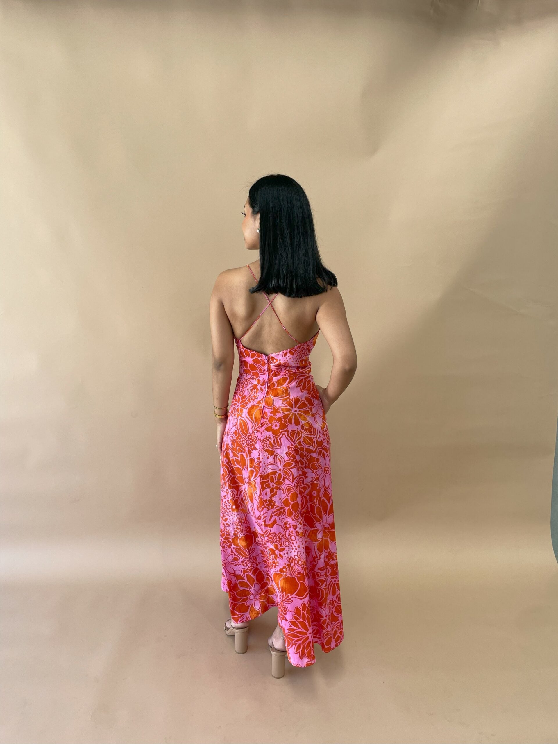 Silk Cotton Strappy Dress - Tangerine