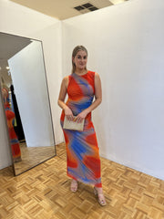 Italian Watercolour Print Dress - Blue/Red