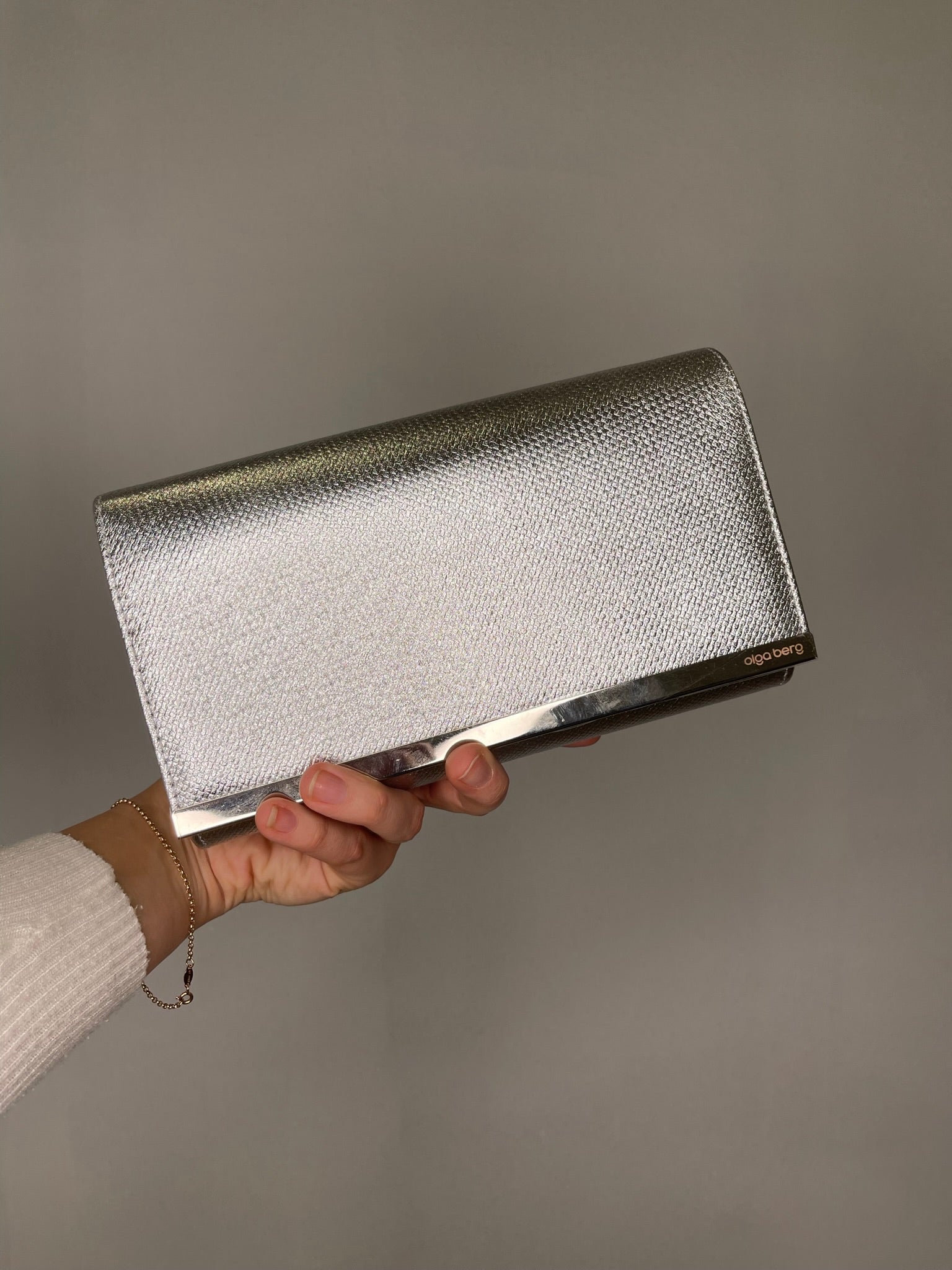 Maddie Metallic Embossed Foldover Clutch - Silver