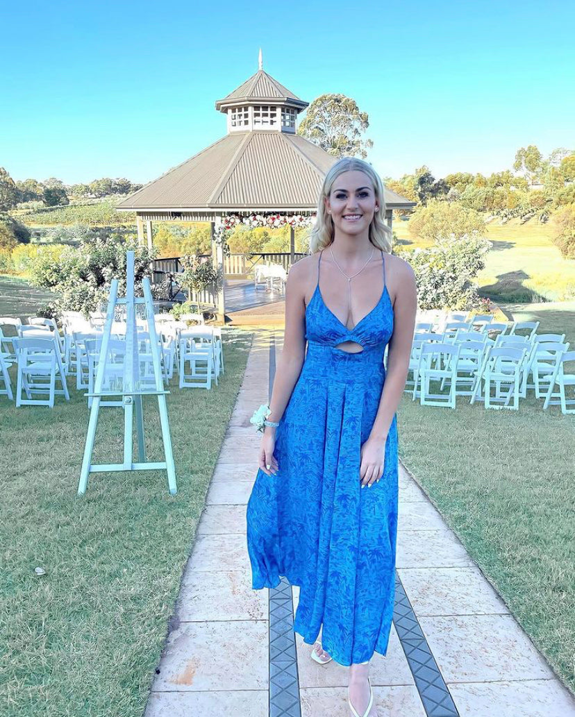 Silk Tropical Strappy Dress - Azure