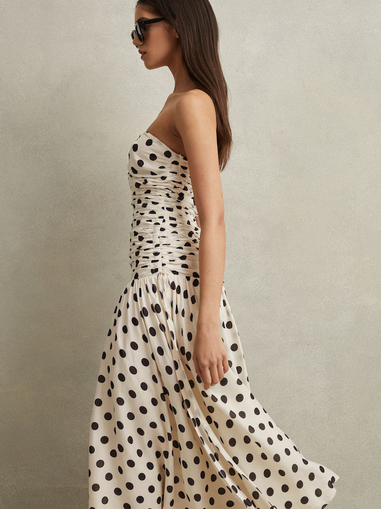 Rue Polka Dot Ruched Maxi Dress - White/Black