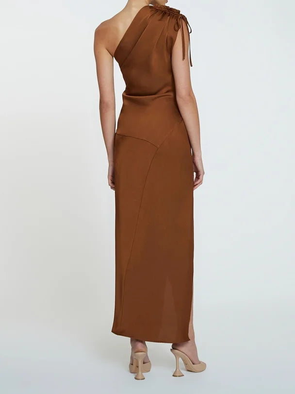 One Shoulder Jasmine Dress - Brown