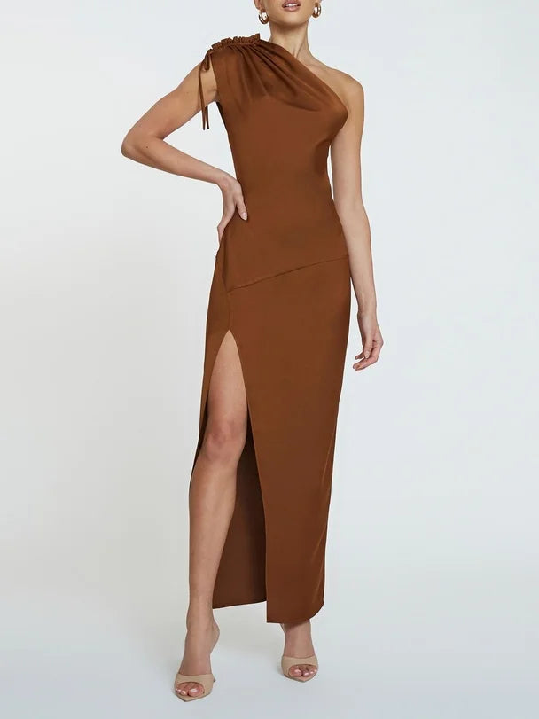 One Shoulder Jasmine Dress - Brown
