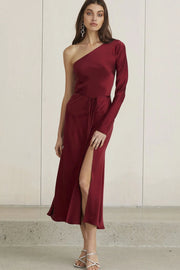 Classic One Shoulder Dress - Burgundy