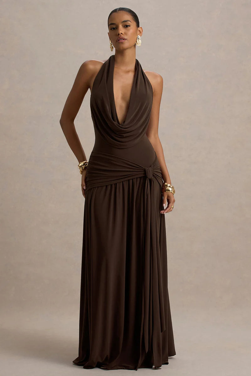 Mist Plunge Neck Maxi Dress - Brown