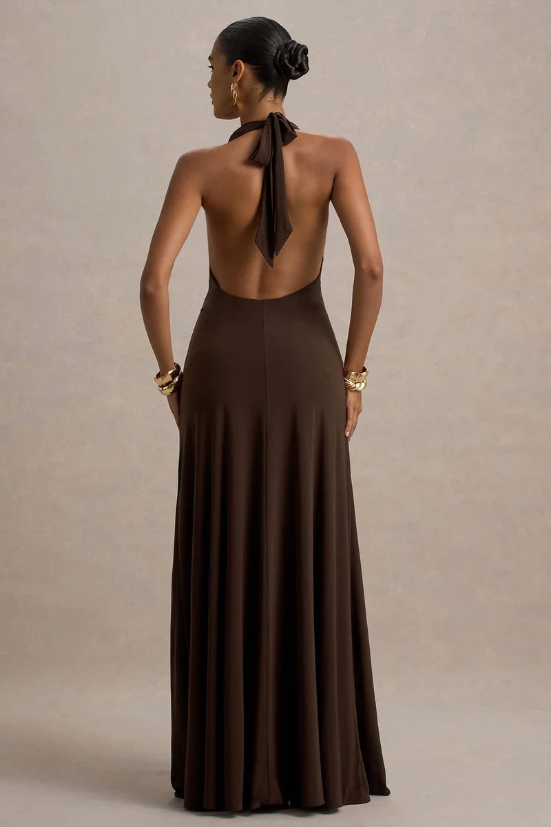 Mist Plunge Neck Maxi Dress - Brown